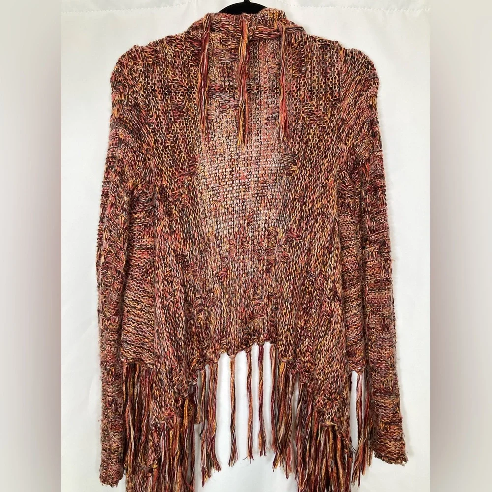 Gimmicks BKE Boho Fringe Open Front Shaggy Knit Cardigan Sz S Multi Color Rust